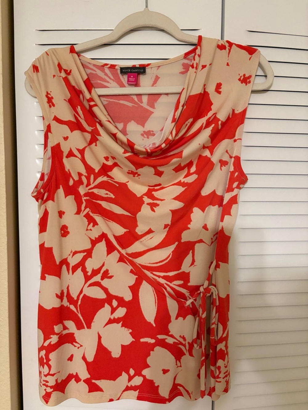 Vince Camuto Coral & Cream Floral Cowl Neck Sleeveless Top